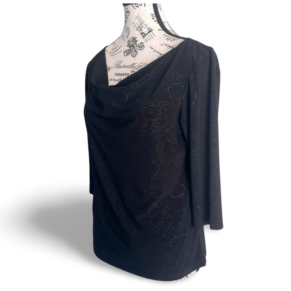 Vintage 90s Jessica Black Damask Cowl Neck Blouse Soft Goth Minimalist Medium - Picture 2 of 4